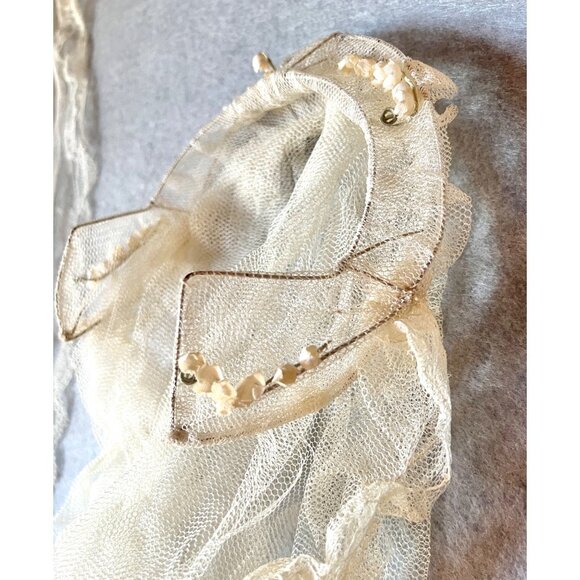 Antique Ivory Bridal Veil Silk Lily Of The Valley Head Dress 37x61 Wedding - Picture 4 of 7